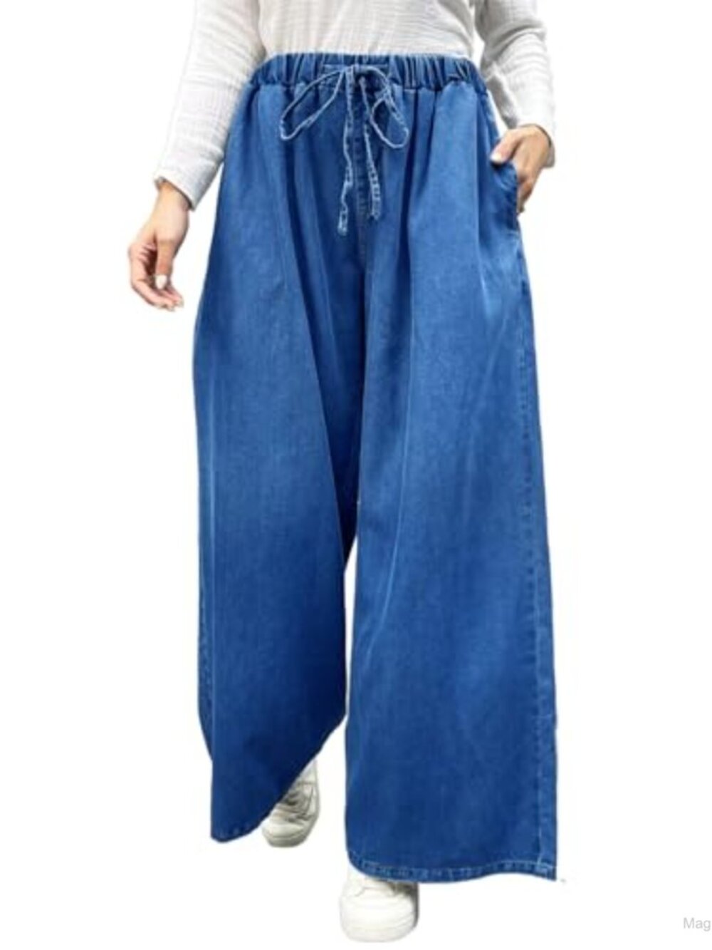 Wide Leg Baggy Jeans Elastic Waist Drawstring Loose Denim Pants